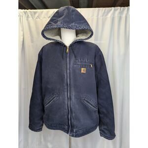 Vintage Carhartt Jacket Men's XL Navy Blue Hooded J141 MDT Workwear Sherpa Lined